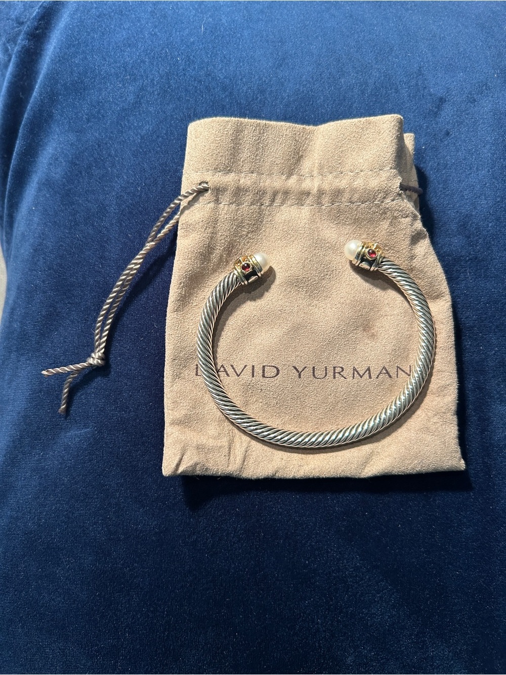 David Yurman Silver Cable Bracelet with Gold and Pearl Terminals